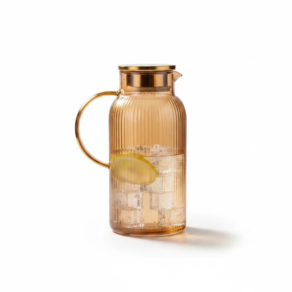 Trendiest amber ribbed glass pitcher with a metallic gold handle and lid, filled with ice and lemon slices.