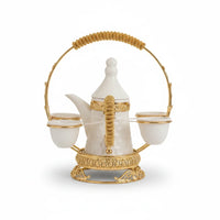 Trendiest white ceramic Arabic coffee pot and cup set with gold-tone honeycomb texture and ornate metal serving stand
