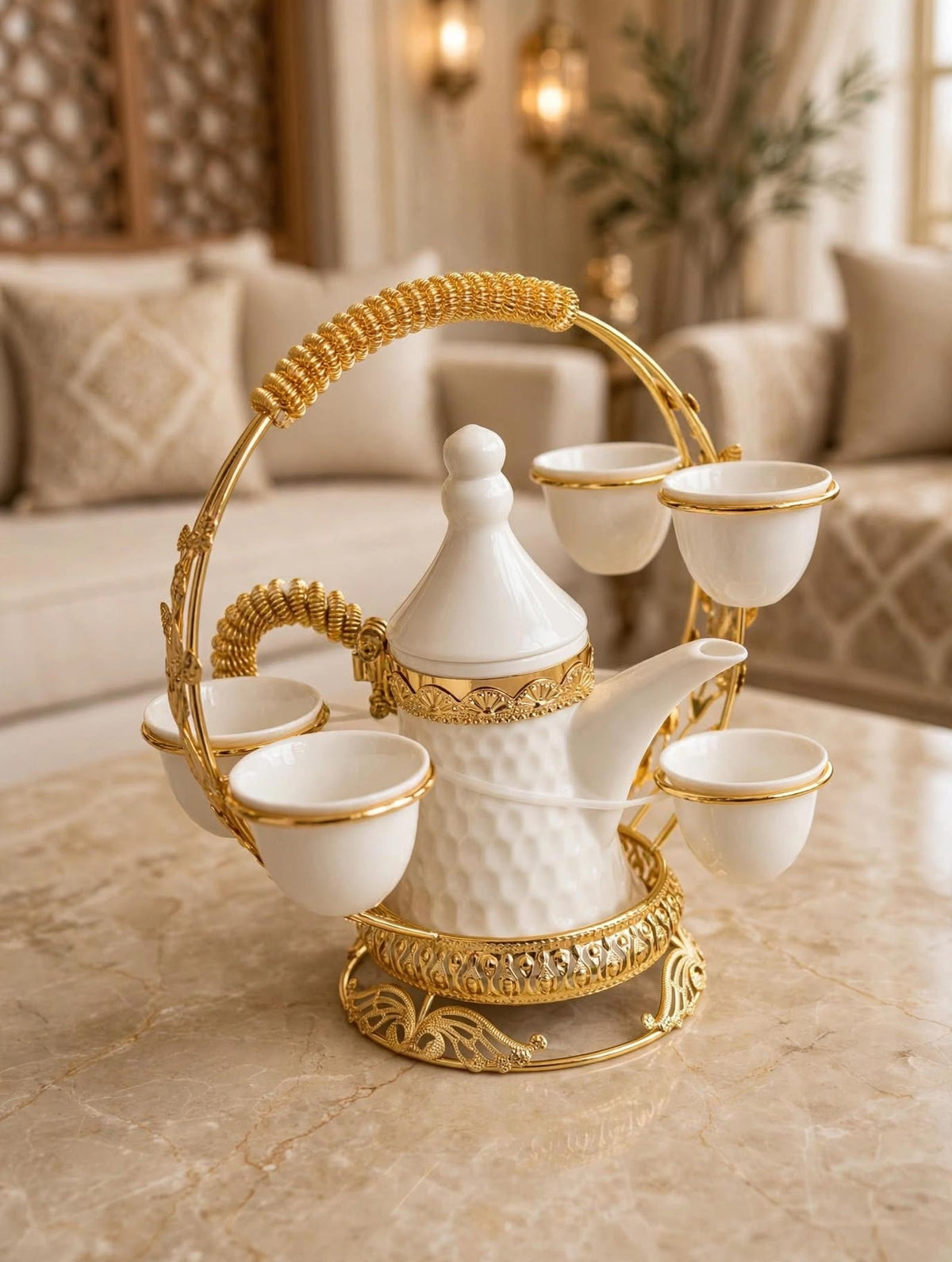 Trendiest white ceramic Arabic coffee dallah and cup set with gold accents in an ornate gold metal serving stand