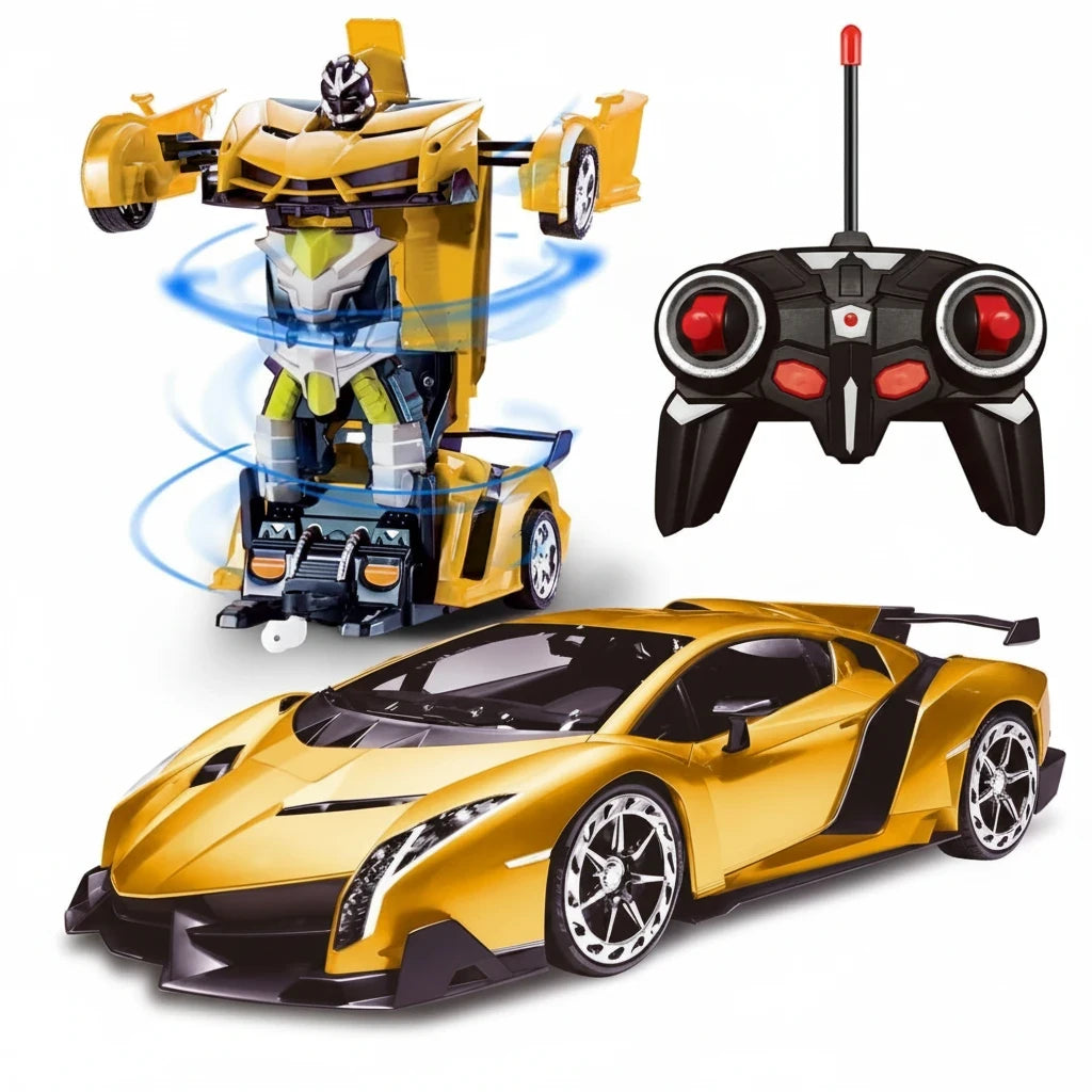 Trendiest Changeable Force Ares RC transforming robot car in yellow, shown in both sports car and robot modes.