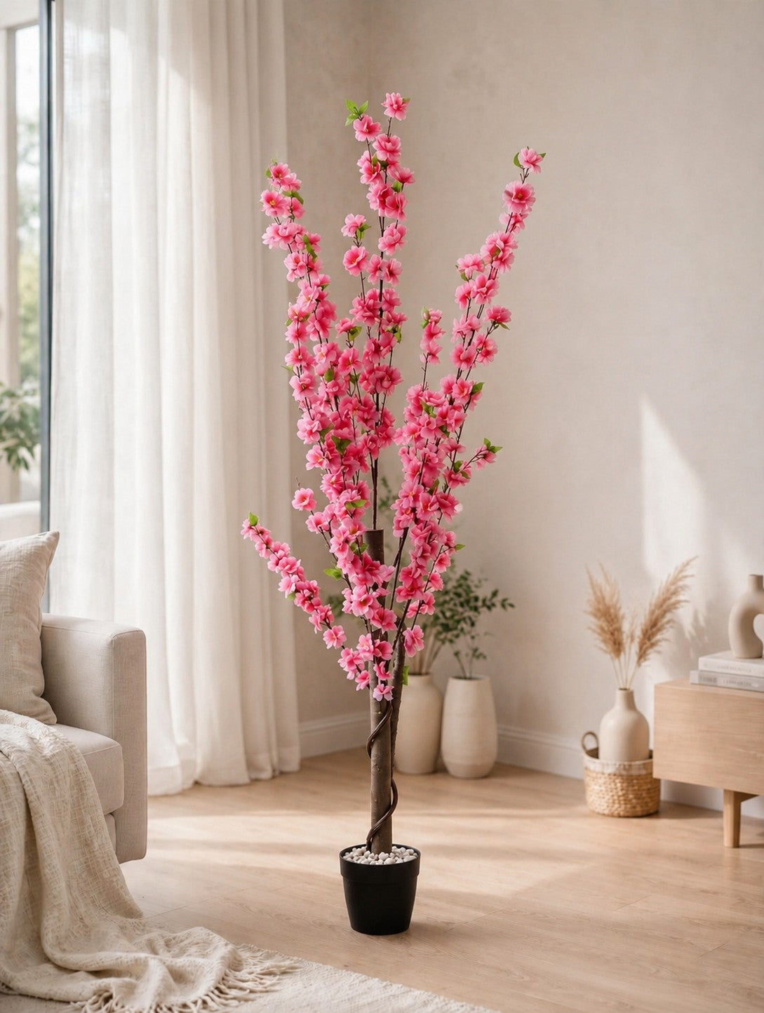 Trendiest 160cm artificial cherry blossom tree with vibrant pink flowers in a black pot, styled in a bright living room