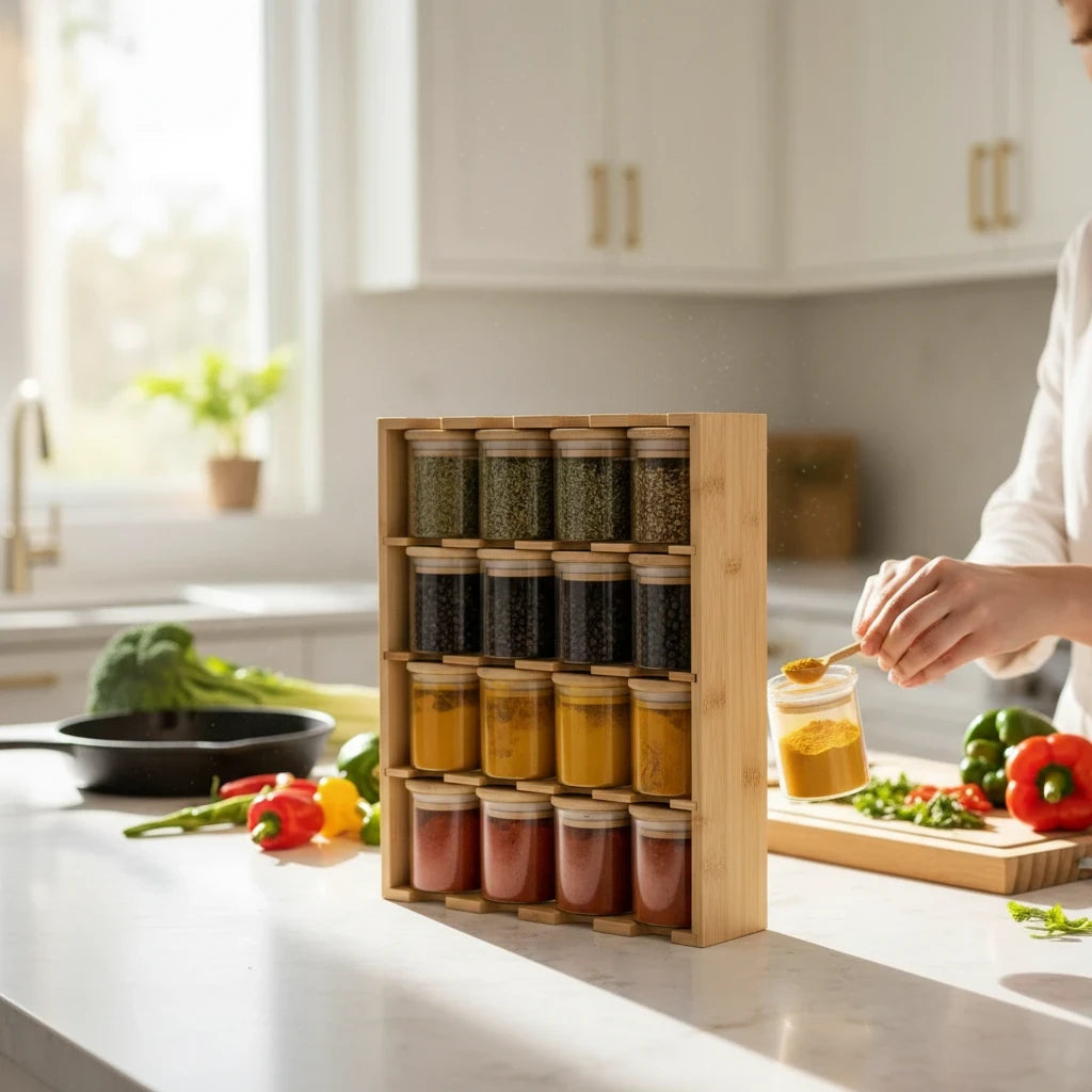 Trendiest bamboo spice rack with glass jars and bamboo lids on a kitchen countertop with a person cooking nearby.