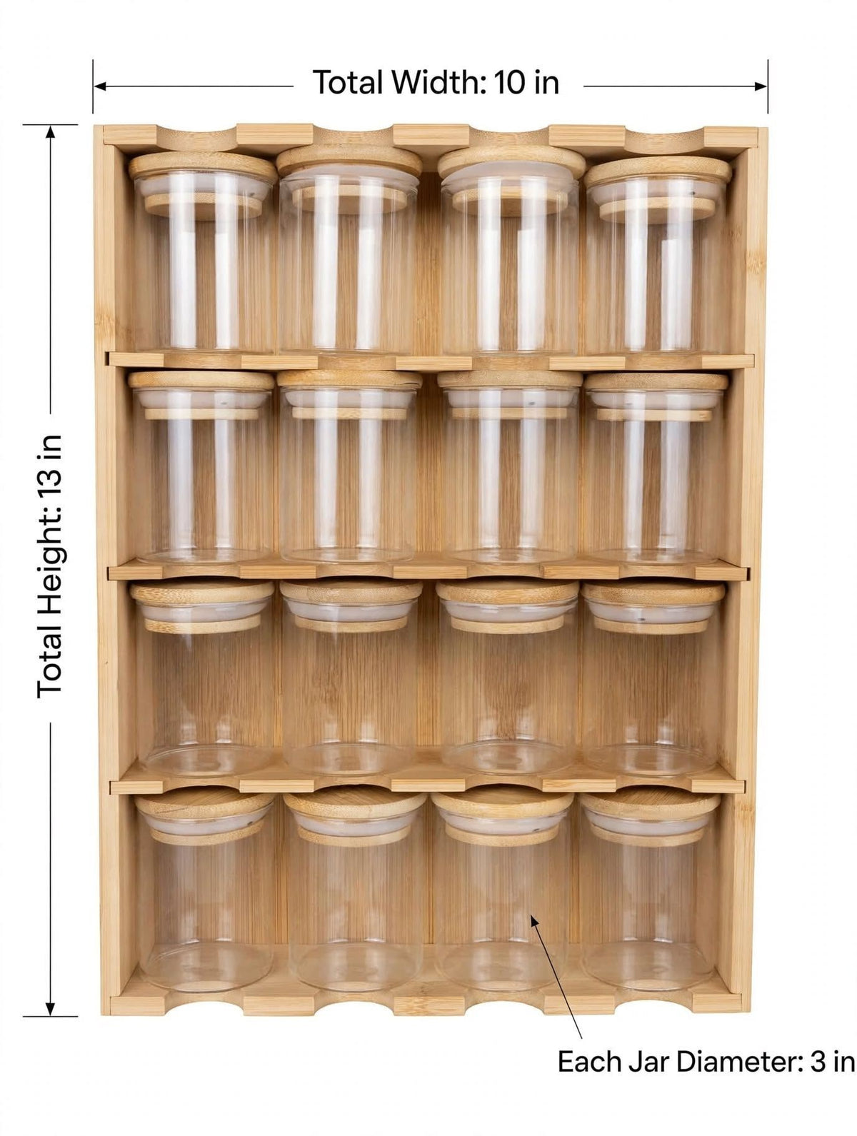Trendiest bamboo kitchen spice rack organizer with clear glass jars and matching wooden lids.