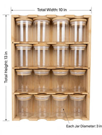 Trendiest bamboo kitchen spice rack organizer with clear glass jars and matching wooden lids.