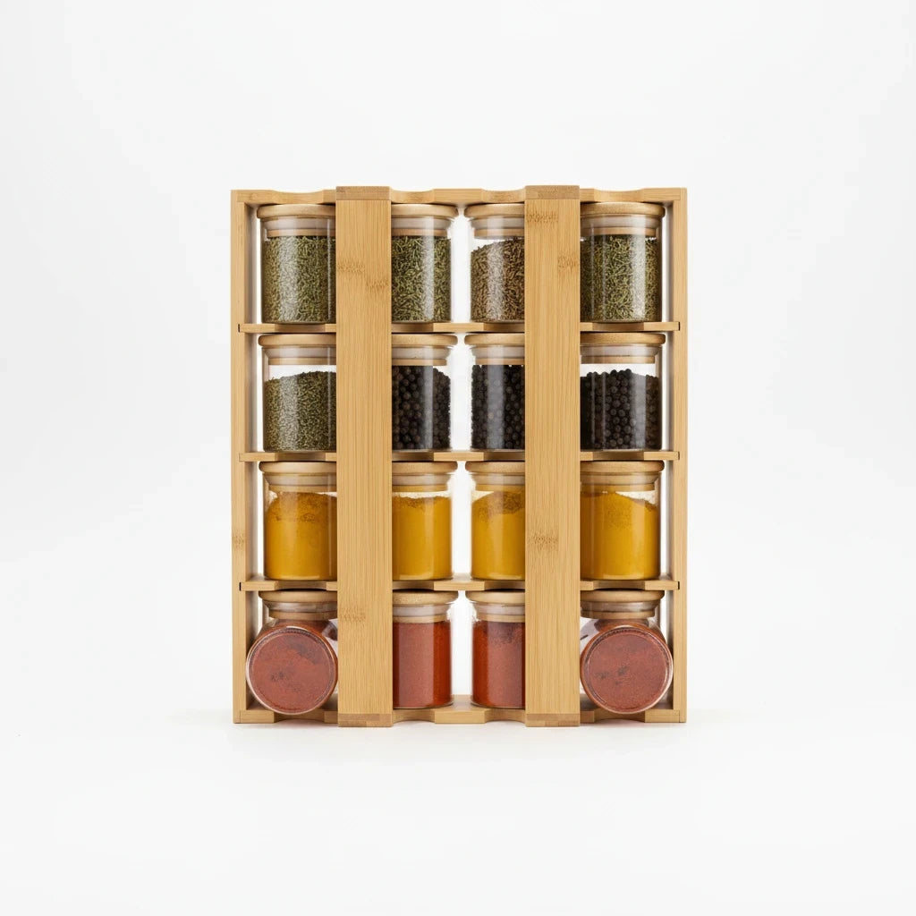 Trendiest bamboo spice rack with 16 clear glass jars and matching wooden lids for organized kitchen storage