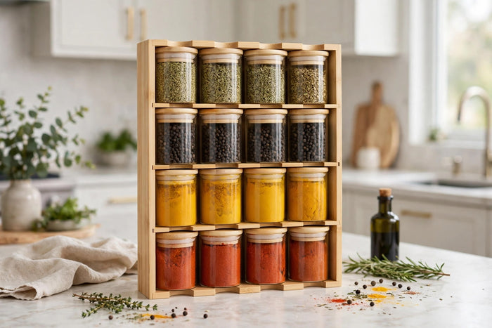 Trendiest bamboo spice rack organizer with sixteen clear glass jars and airtight bamboo lids on a kitchen countertop