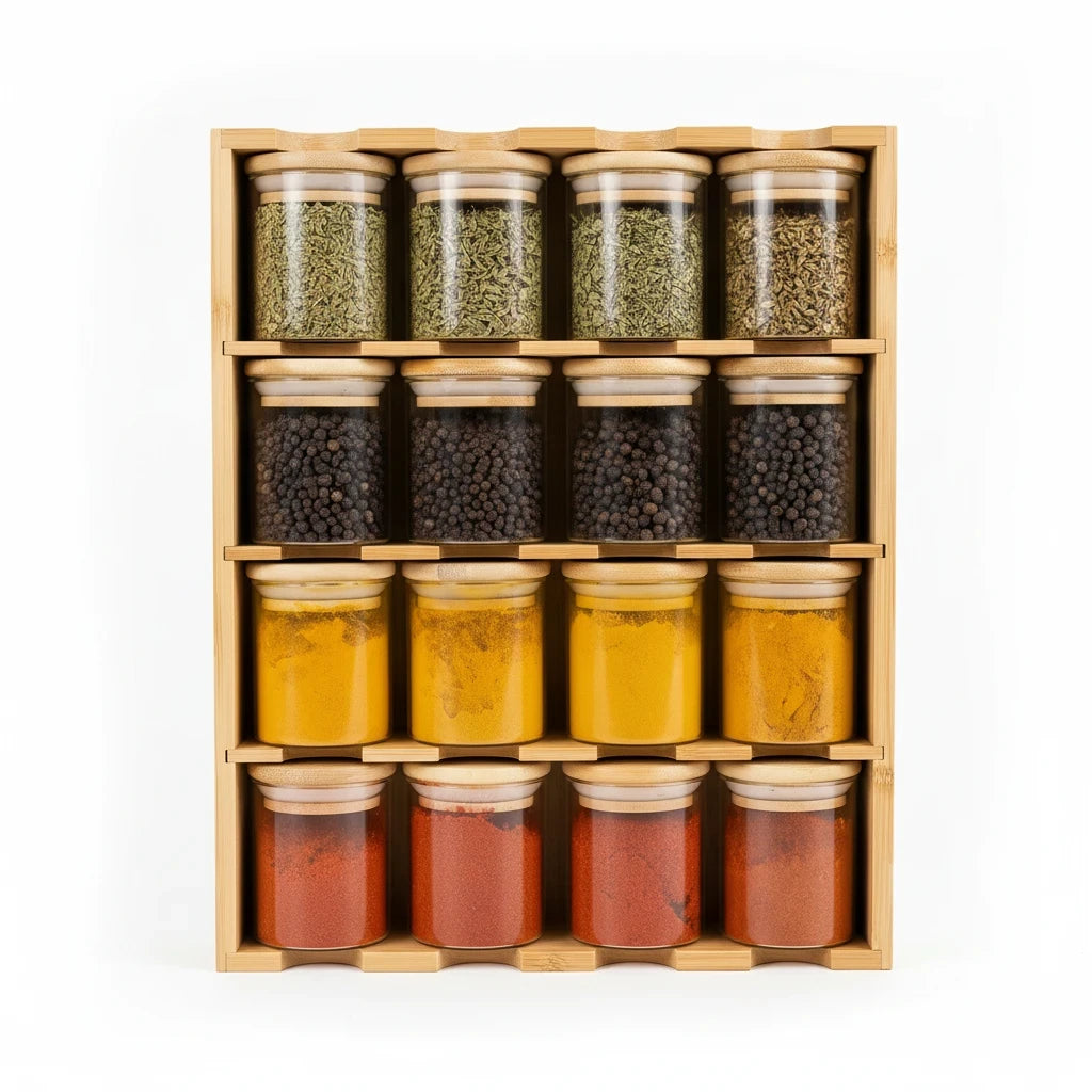 Trendiest bamboo spice rack with four rows of clear glass jars featuring airtight bamboo lids on a white background