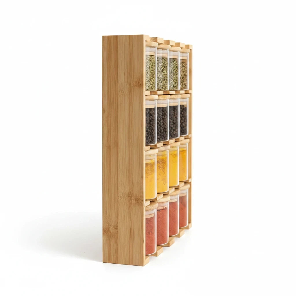 Trendiest bamboo spice rack with clear glass jars and matching wooden lids, side view on a white background.