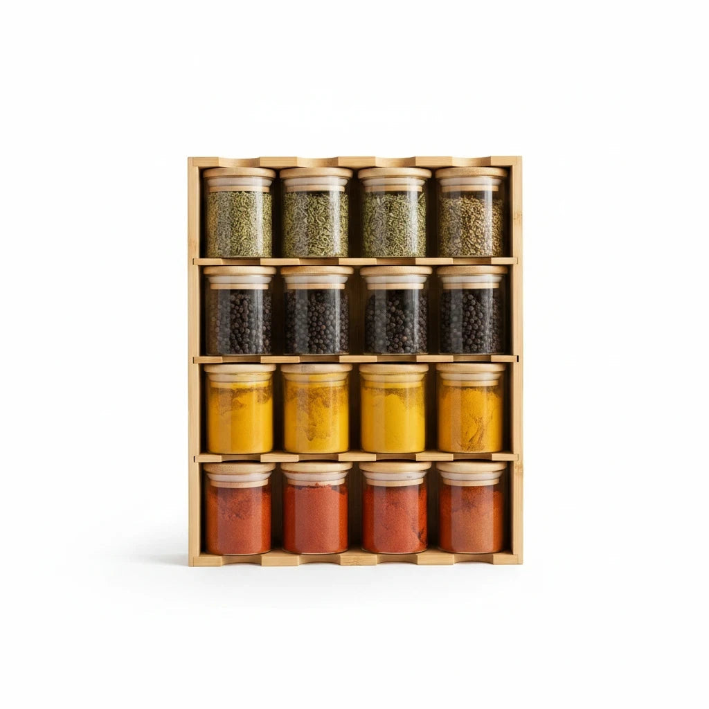 Trendiest bamboo spice rack with sixteen clear glass jars and matching wooden lids filled with colorful spices