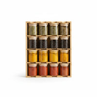 Trendiest bamboo spice rack with sixteen clear glass jars and matching wooden lids filled with colorful spices