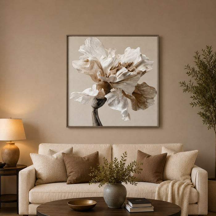 Trendiest 3D leather Bearded Iris wall art featuring dimensional petals in a modern living room with neutral decor.