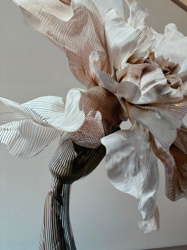 Trendiest Bearded Iris 3D leather wall art featuring intricate micro-carved petal textures in neutral brown tones.