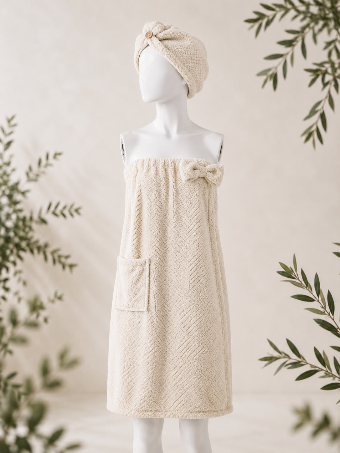 Trendiest beige nanofiber cotton bath skirt with matching shower turban hair wrap on a mannequin
