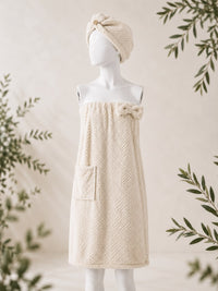 Trendiest beige nanofiber cotton bath skirt with matching shower turban hair wrap on a mannequin