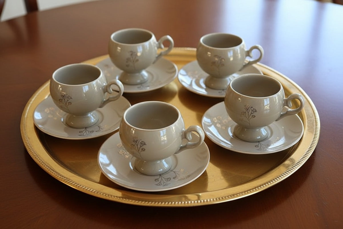 Trendiest set of five beige ceramic cups with floral gold accents on a round gold serving tray