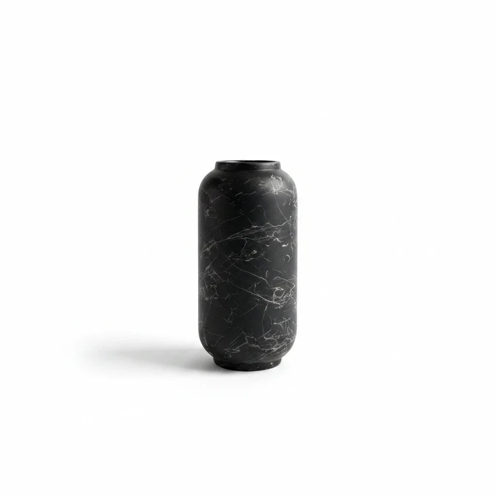 Trendiest decorative ceramic vase featuring a matte black finish with intricate white marble veining