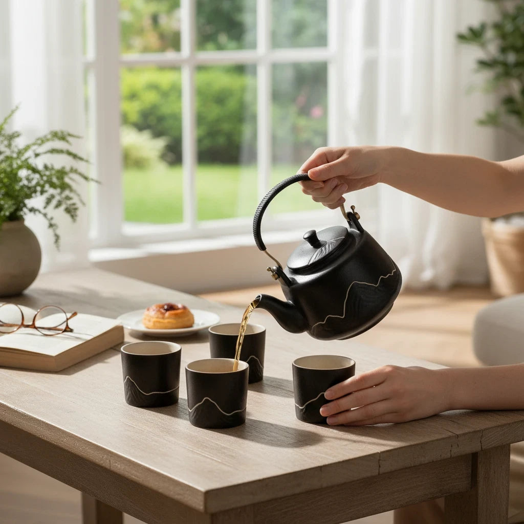 Trendiest black porcelain tea set with mountain motif, featuring a teapot pouring tea into matching cups on a table.