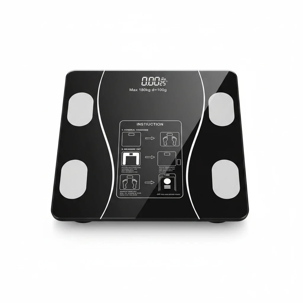 Trendiest black tempered glass Bluetooth smart body fat scale with LED display and high-precision sensors