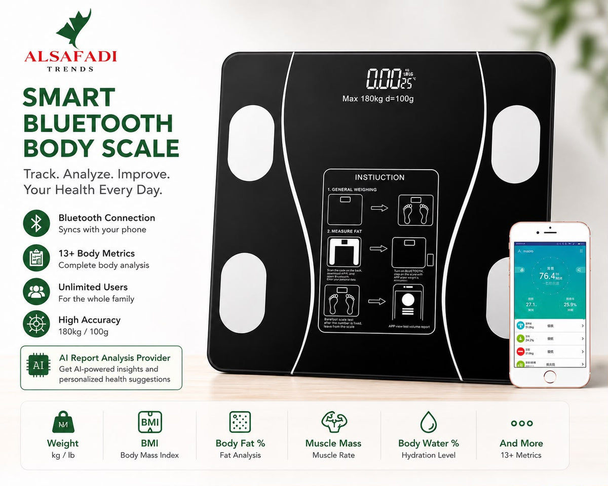 Trendiest black tempered-glass smart body scale with LED display and smartphone app synchronization