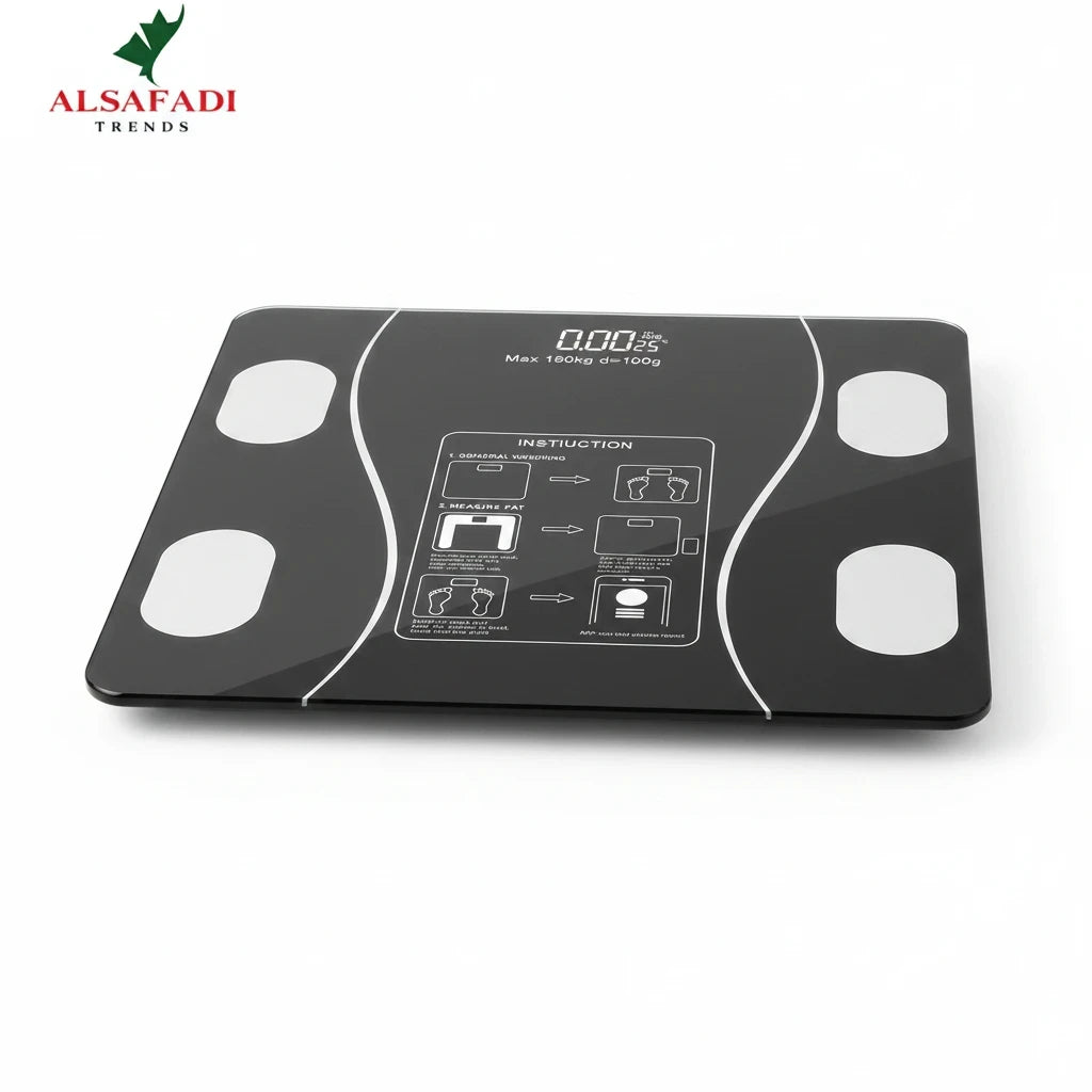 Trendiest black tempered-glass smart body scale with LED display and sensor pads