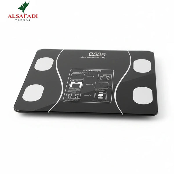 Trendiest black tempered-glass smart body scale with LED display and sensor pads