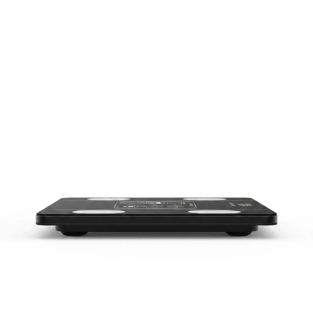 Trendiest black tempered glass Bluetooth smart body fat scale with LED display and stainless steel sensors