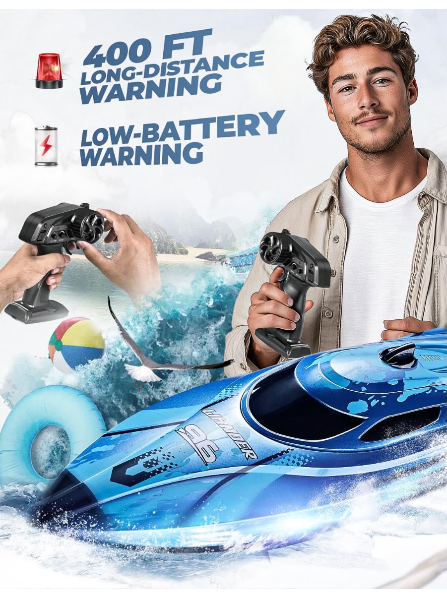Trendiest blue remote control racing boat with dual-speed modes and safety alerts held by a man at the beach