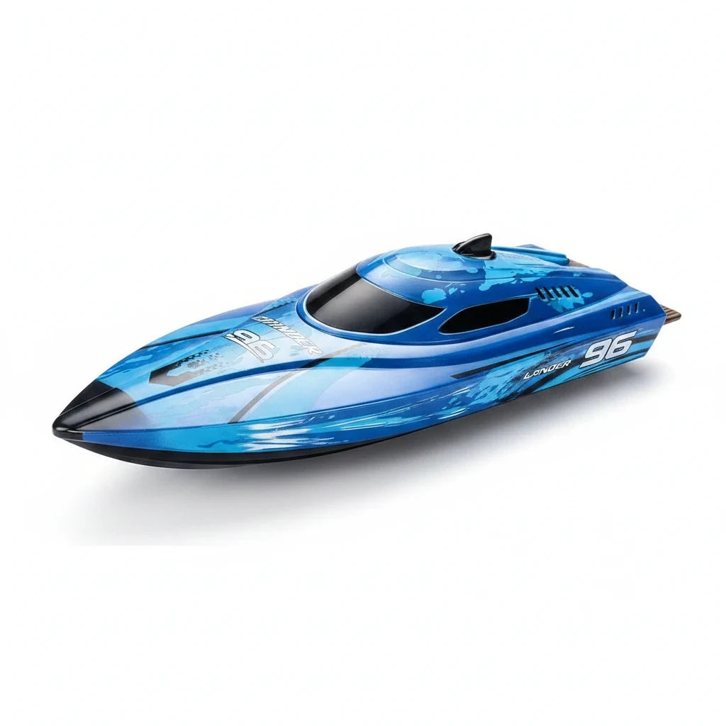 Trendiest high-speed remote control racing boat in blue with aerodynamic design and number 96 graphics