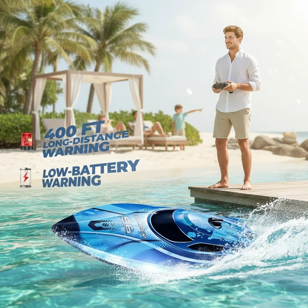 Trendiest high-speed blue RC racing boat on water with a man controlling it from a wooden dock at a tropical beach.