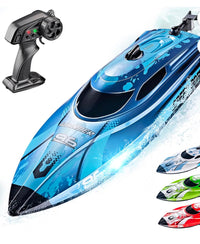 Trendiest high-speed blue RC racing boat with remote control, featuring aerodynamic design and water-resistant finish.