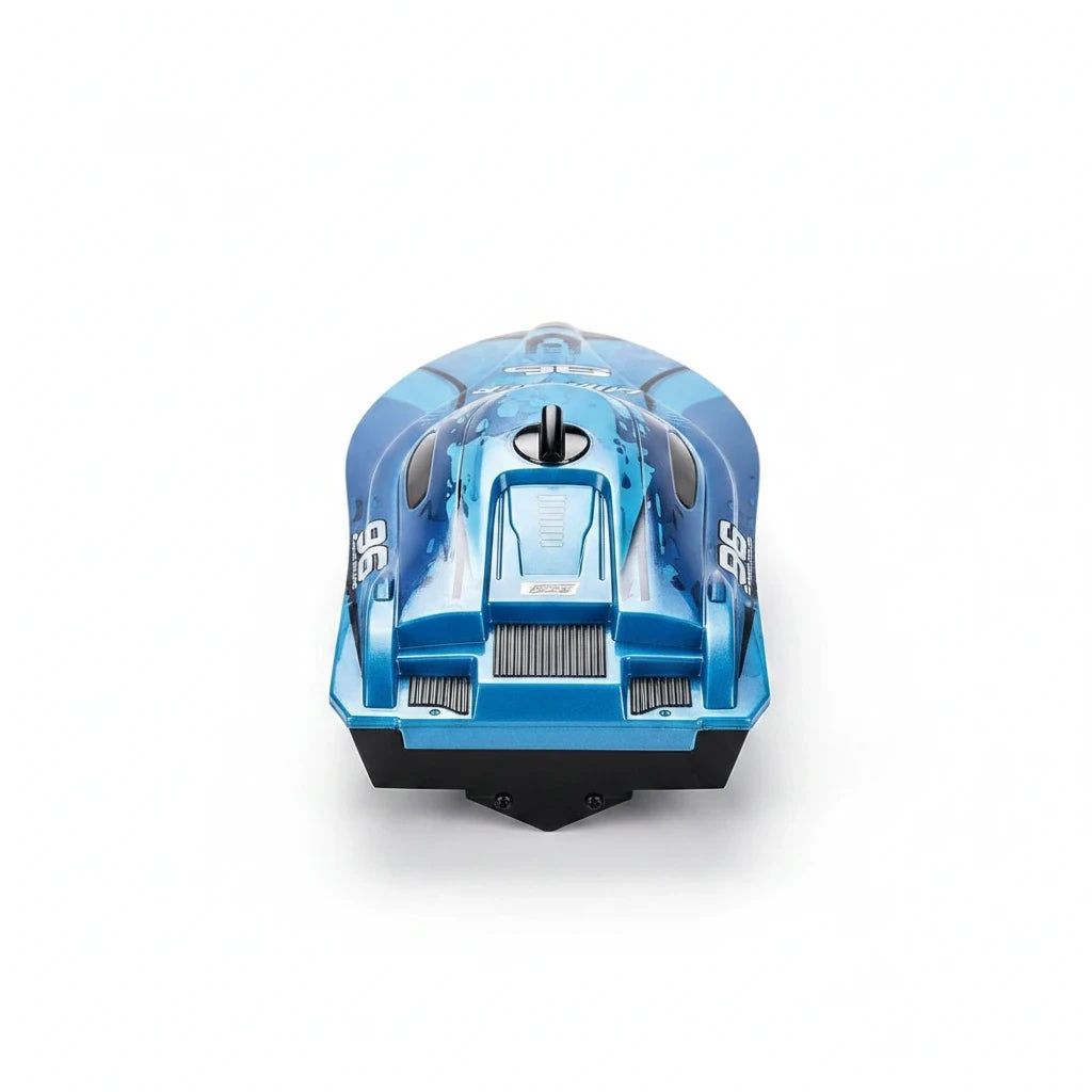 Trendiest blue high-speed remote control racing boat with aerodynamic design and number 96 graphics on white background