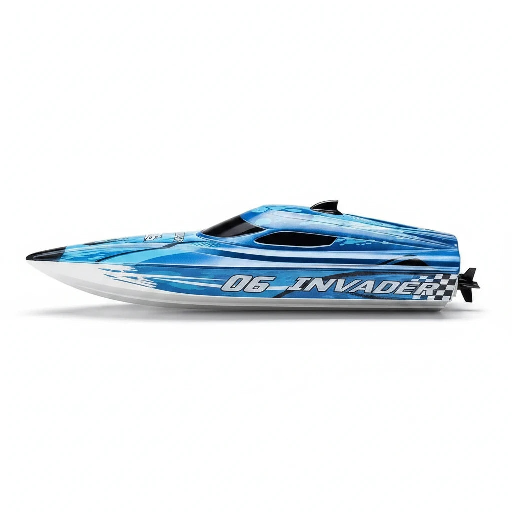 Trendiest blue remote control racing boat with aerodynamic design and 06 Invader graphics on a white background