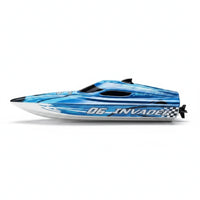 Trendiest blue remote control racing boat with aerodynamic design and 06 Invader graphics on a white background