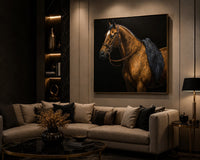 Trendiest brown horse 3D glazed leather wall art displayed above a modern beige sofa in a luxury living room.