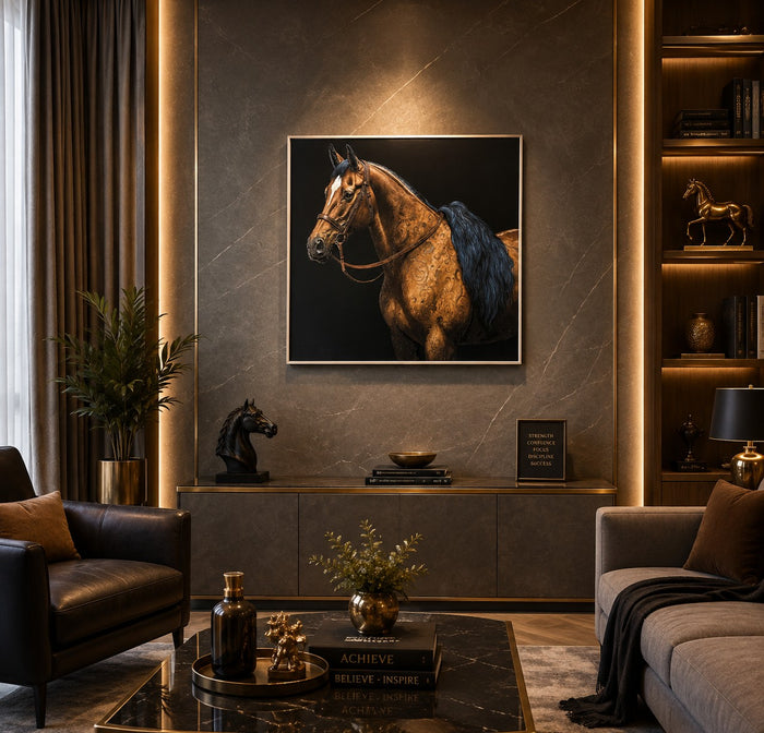 Trendiest brown horse 3D glazed leather wall art displayed in a luxury living room with warm ambient lighting.