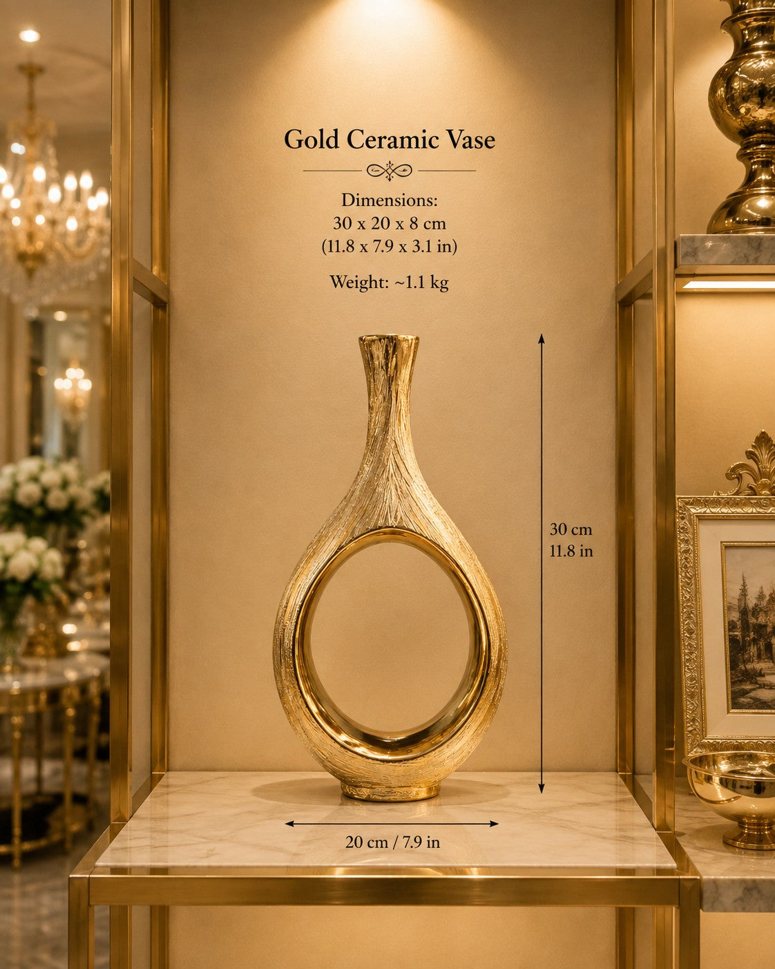 Trendiest brushed gold ceramic vase with a modern hollow circle design displayed on a marble shelf