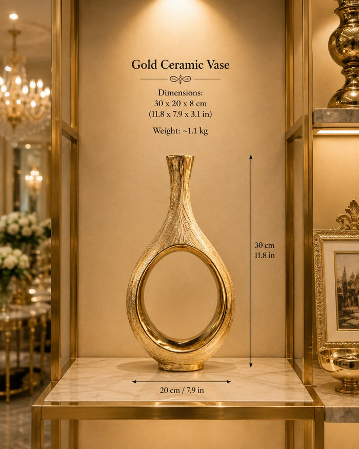 Trendiest brushed gold ceramic vase with a modern hollow circle design displayed on a marble shelf
