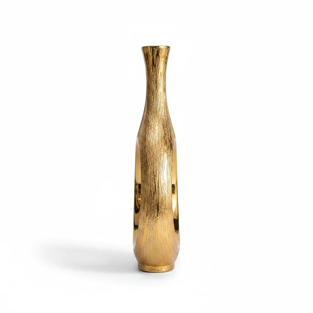 Trendiest brushed gold ceramic vase with a modern hollow circle design and textured finish for home decor