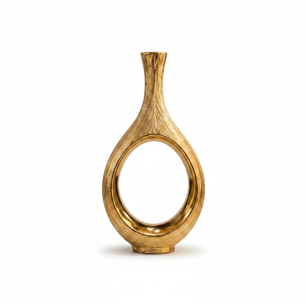 Trendiest brushed gold ceramic vase with a modern hollow circle design and textured finish for home decor