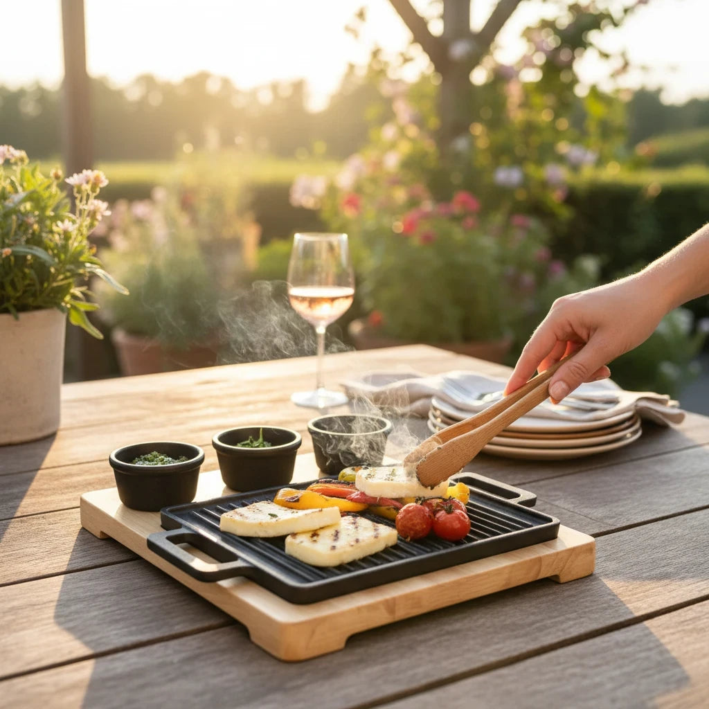 Trendiest cast-iron grill plate serving set displayed with wooden board and sauce bowls.