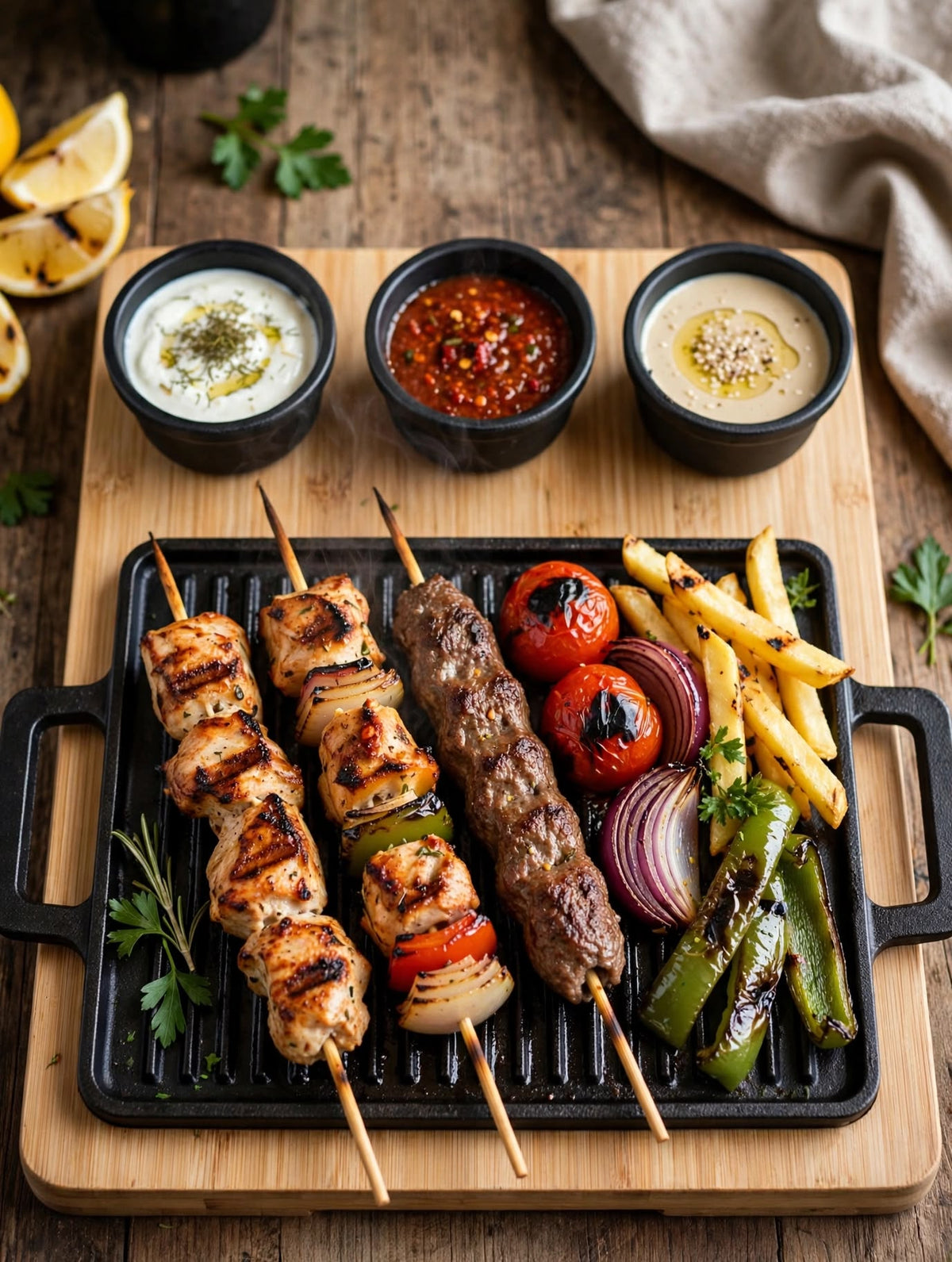 Trendiest cast-iron grill plate serving set with wooden board and sauce bowls, top view.