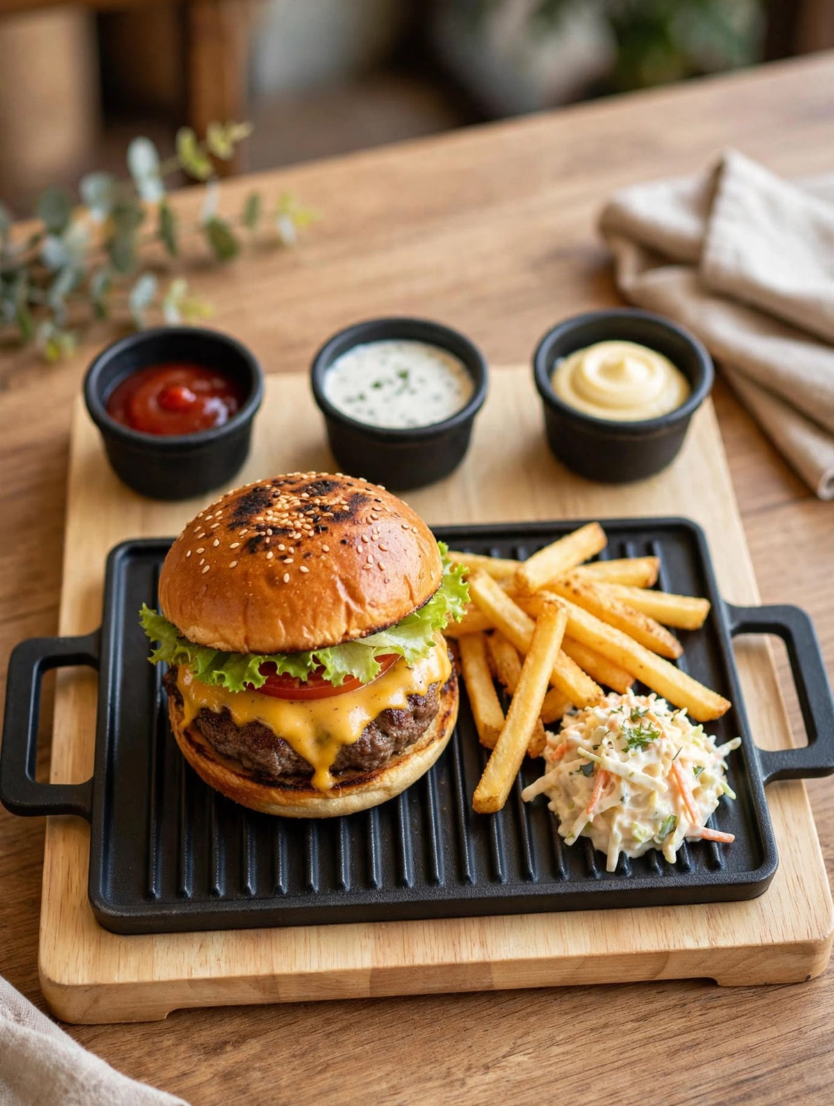 Trendiest cast-iron grill plate with wooden serving board and three sauce bowls, front view.