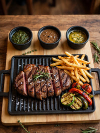 Trendiest cast-iron grill plate and sauce bowls arranged on a wooden serving board, angled view.
