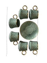 Trendiest ceramic coffee cup and saucer set in sage green with embossed geometric patterns and gold-tone rims.