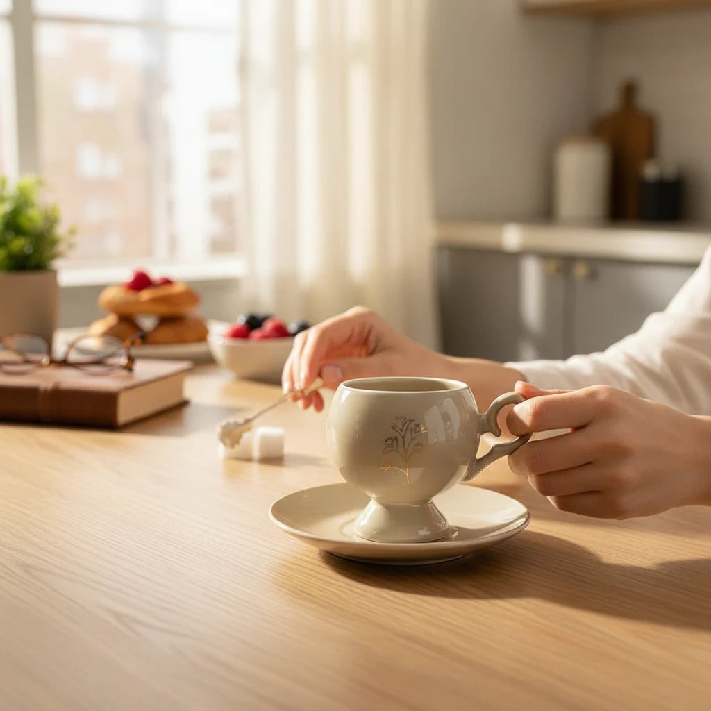 Trendiest ceramic espresso cup and saucer set with gold floral details, close-up view.