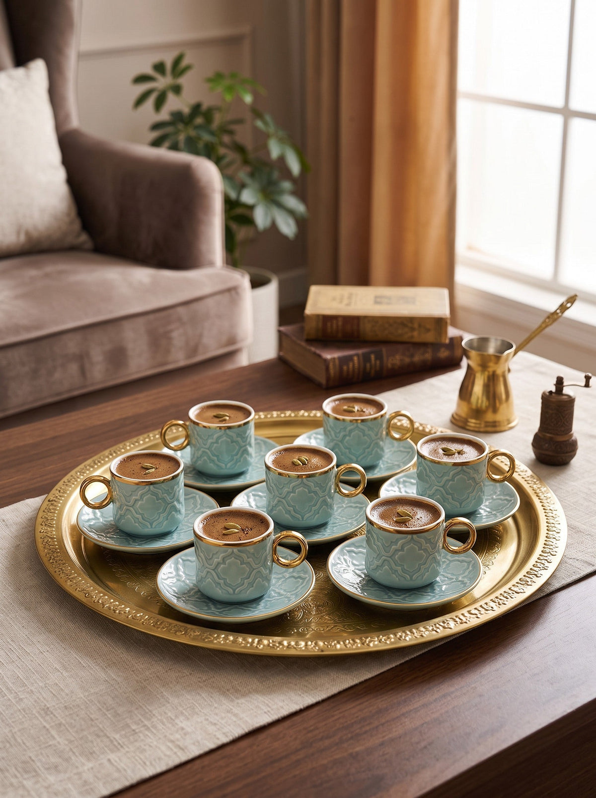 Trendiest decorative ceramic Turkish coffee cup and saucer set in light blue with gold rims on a gold serving tray.
