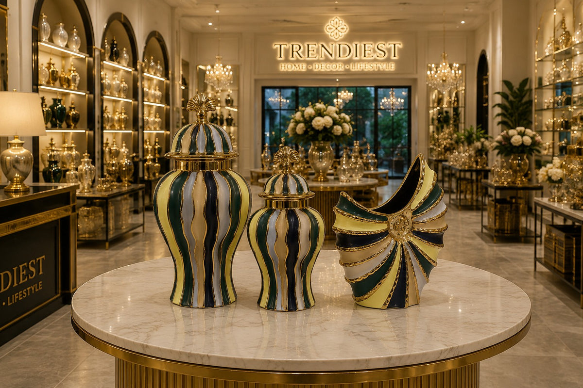 Trendiest hand-finished ceramic urn vases in gold, emerald green, navy, and ivory displayed on a marble table.