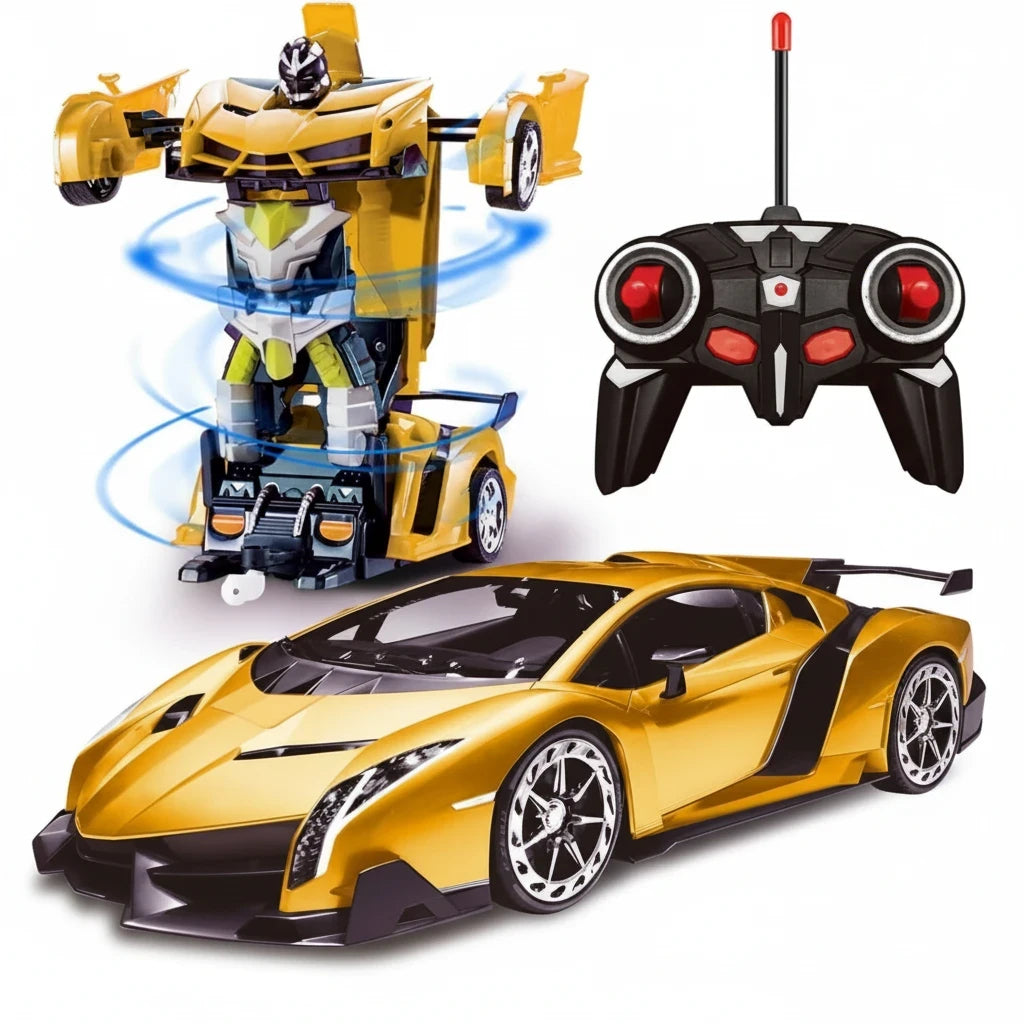 Trendiest Changeable Force Ares yellow RC sports car transforming into a robot with remote control and LED lights