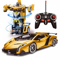 Trendiest Changeable Force Ares yellow RC sports car transforming into a robot with remote control and LED lights