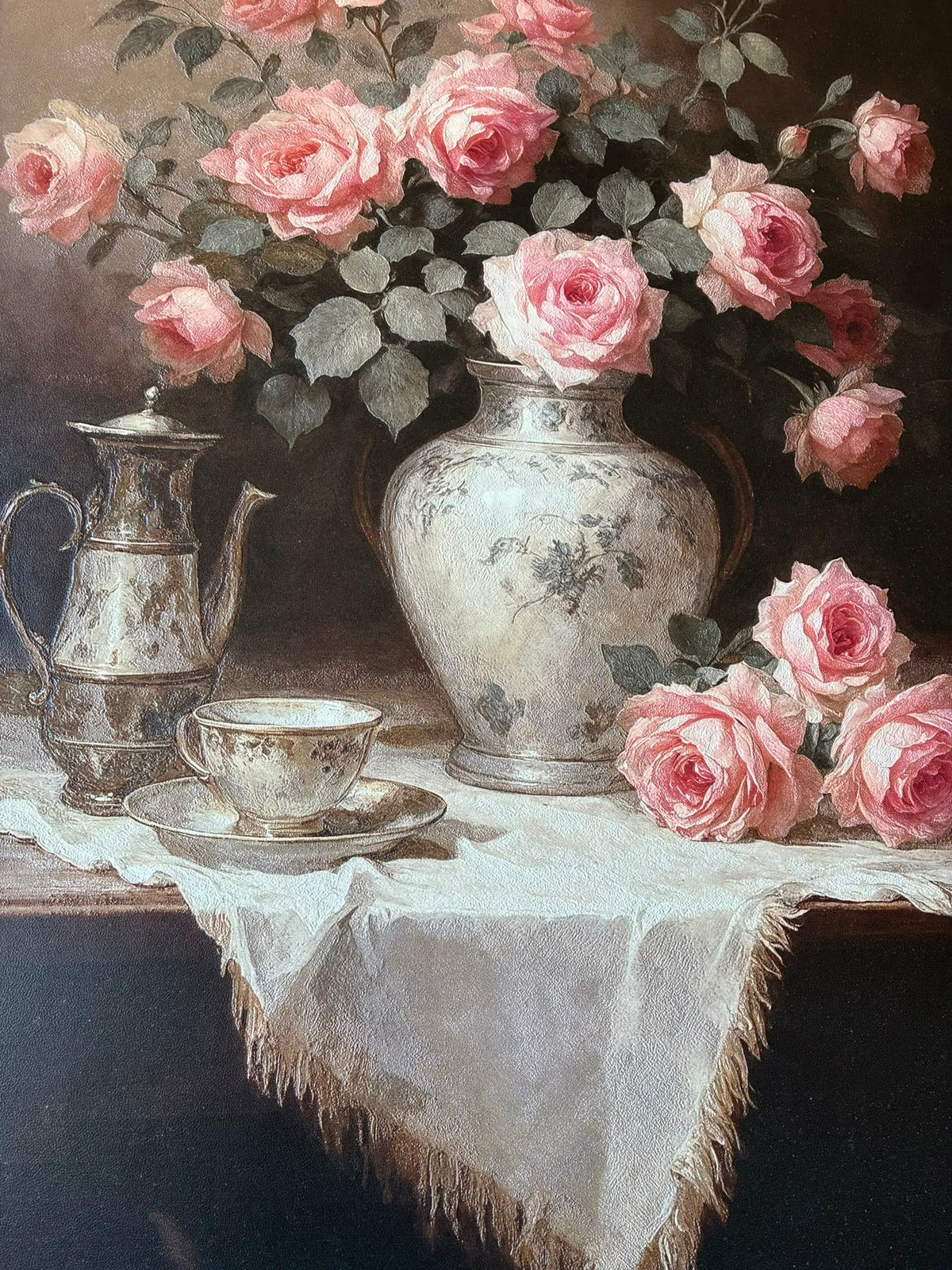 Trendiest Classic Europe Vase wall art featuring 3D embossed pink roses, silver teapot, and teacup on TPU leather.